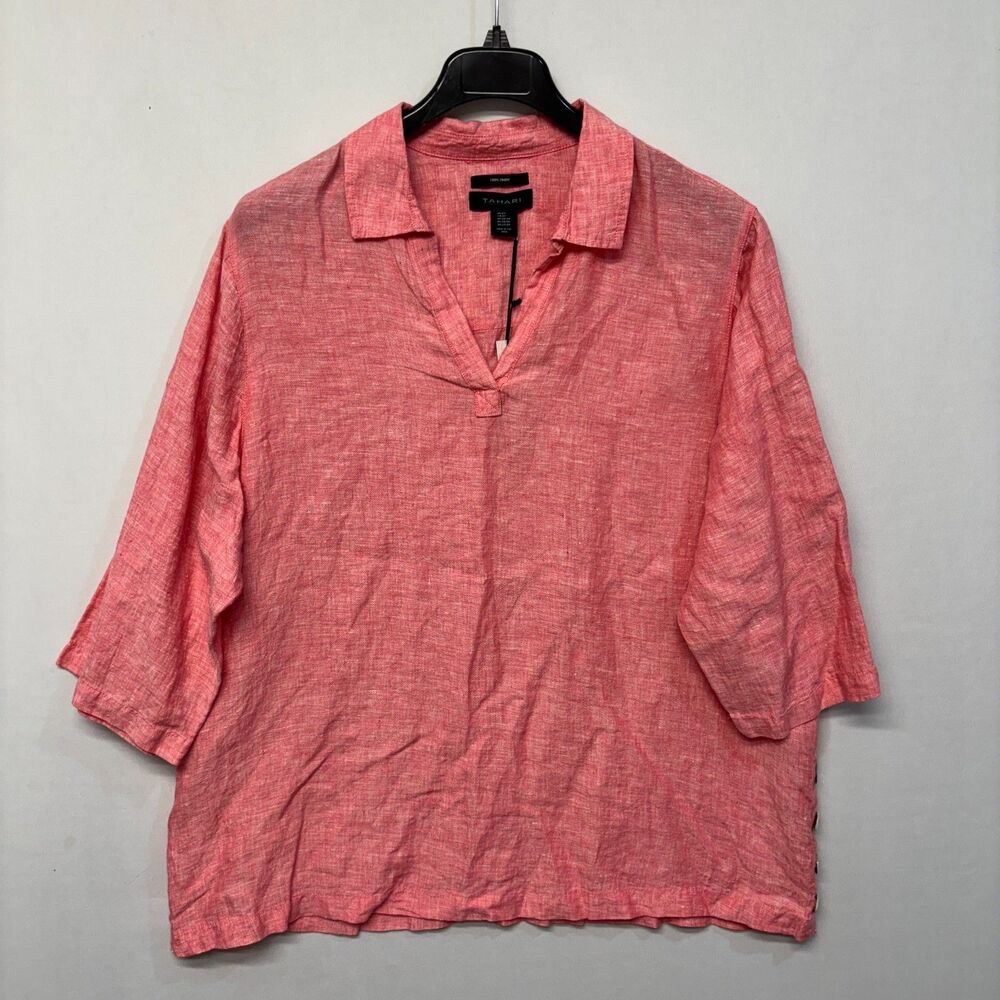NWT Tahari Women 100% Linen 3/4 Sleeve Blouse Top Shirt Size 2X Pink D052 -4